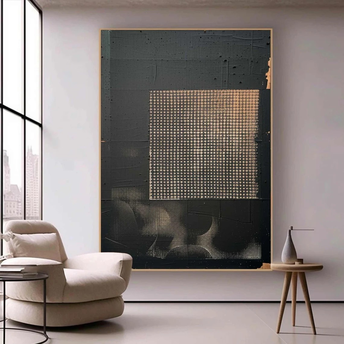 Dark Textured Abstraction, Geometric Grid Focus, Modern Canvas #MM419