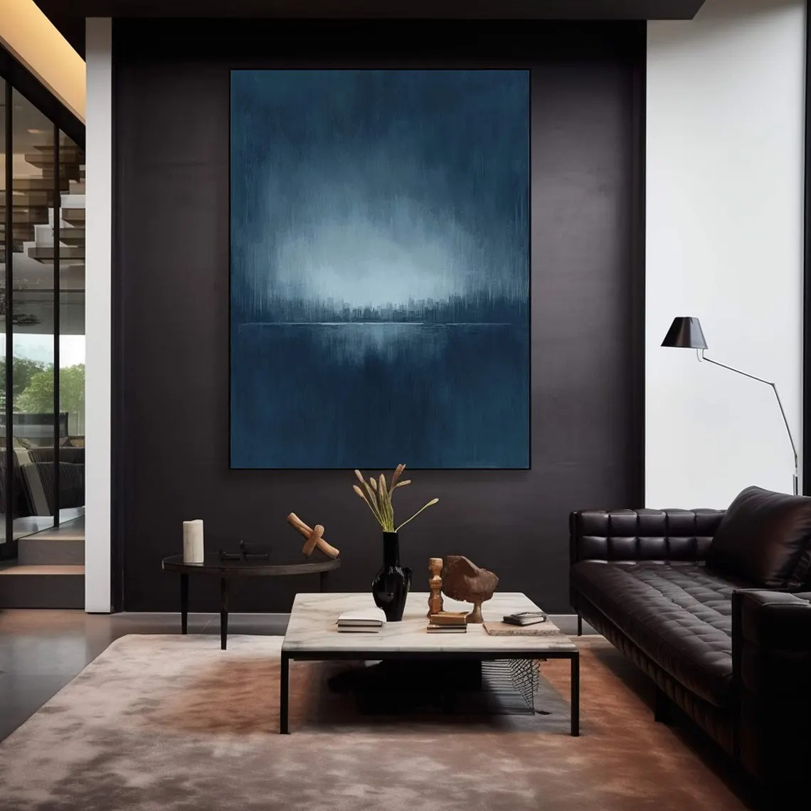 لوحة تجريدية جوية لمنظر طبيعي أزرق ضبابي عند الفجر #MM249