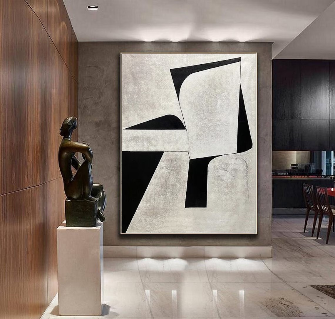 Textured Black and White Painting, Bold Modern Geometric Canvas #MM443