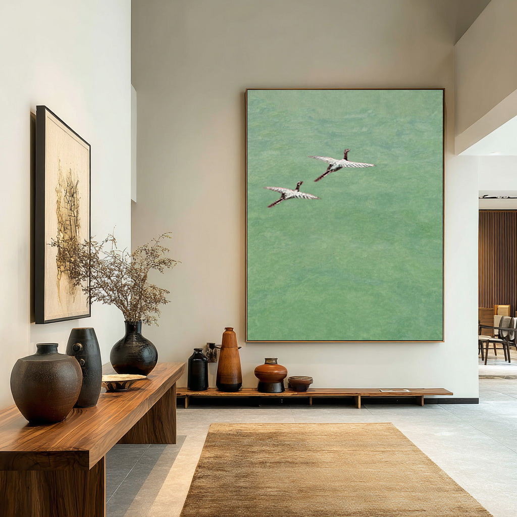 Minimalist Crane Bird Art | Light Green Serene Painting #AG 085