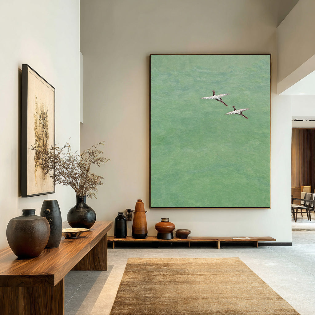 Serene Bird Painting on Green | Minimalist Nature Art #AG 086