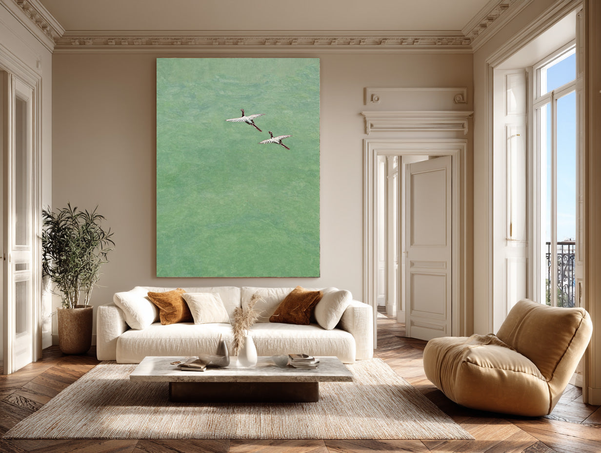 Serene Bird Painting on Green | Minimalist Nature Art #AG 086