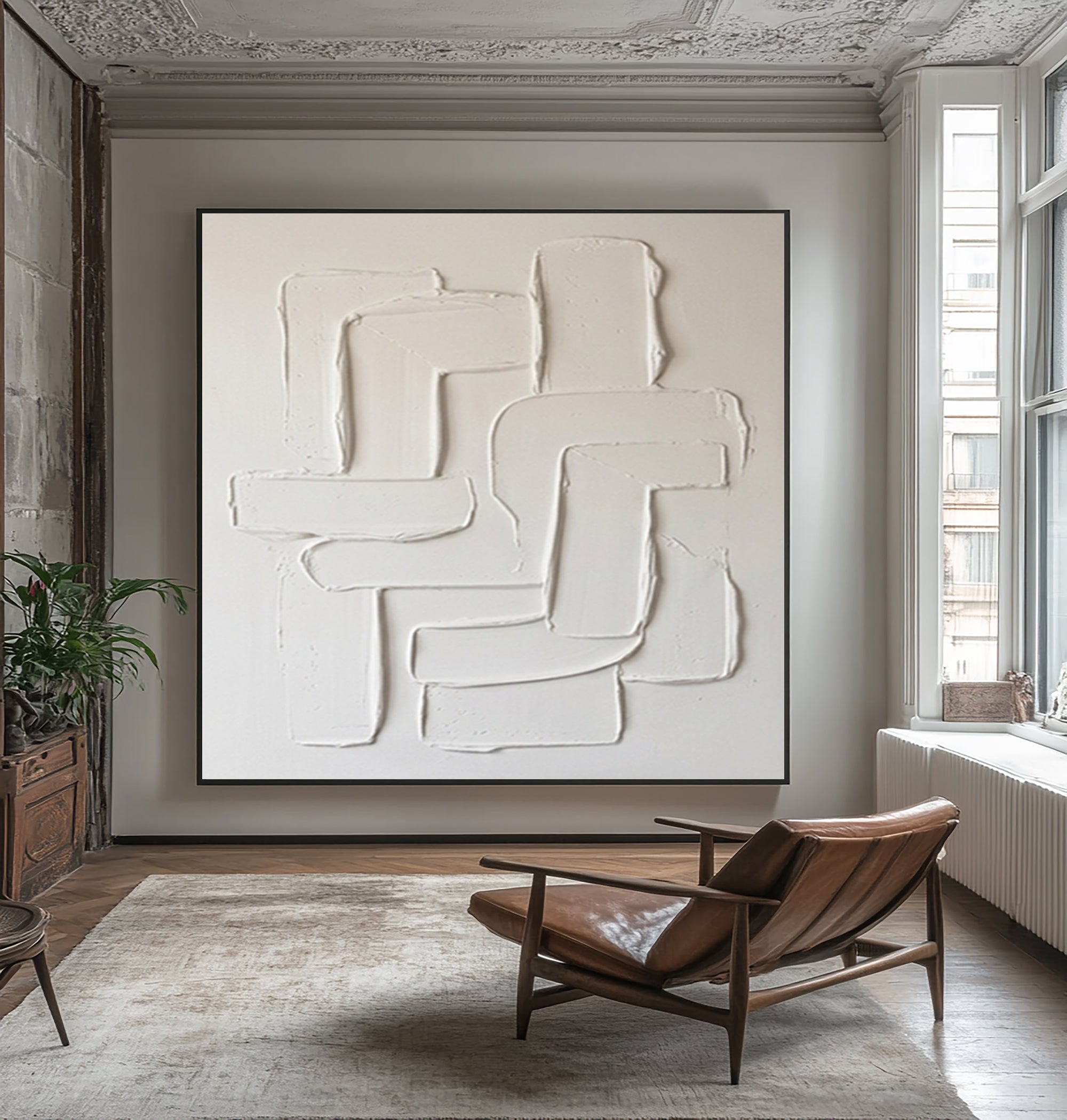 Large Neutral Sculptural Wall Art Hand Painted Curved Texture Canvas