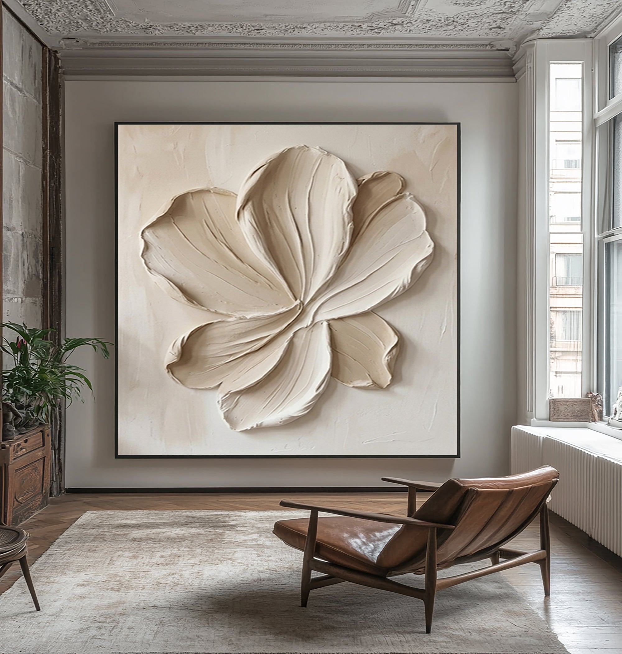 Large Cream Textured Flower Canvas Art Modern Wall Decor