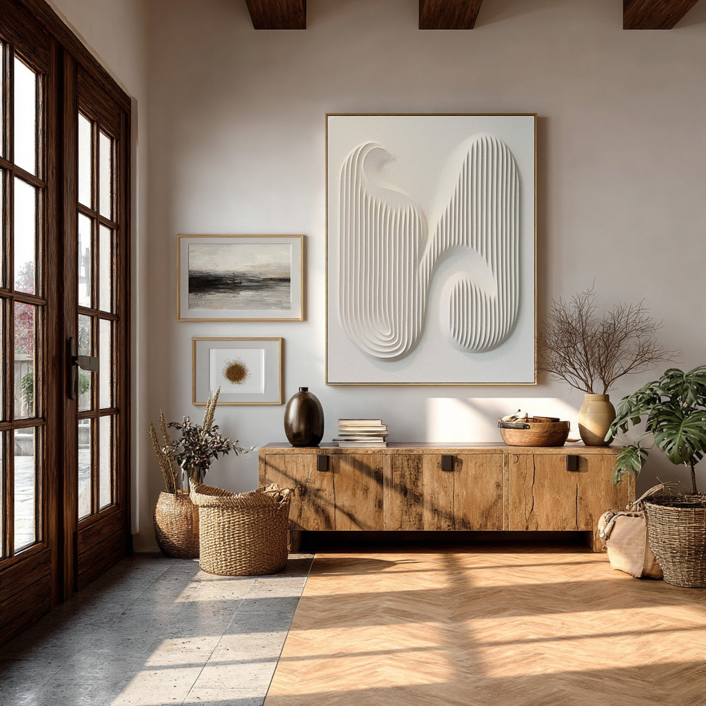 Contemporary Patterned Wall Art Textured White Canvas #AG 083