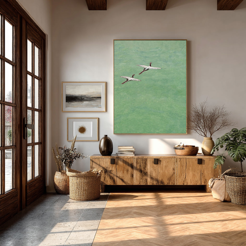 Minimalist Crane Bird Art | Light Green Serene Painting #AG 085