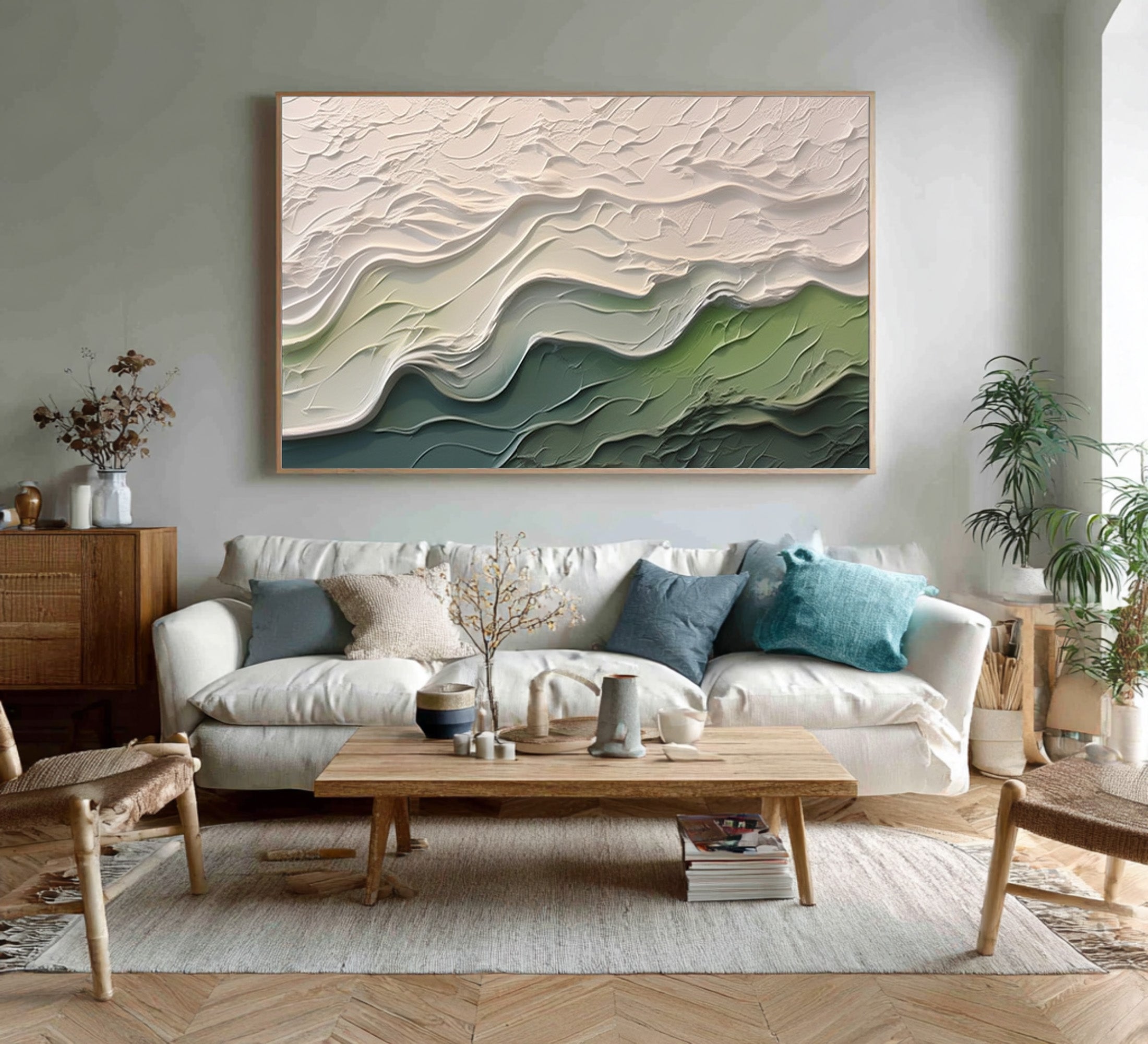 Contemporary Wall Art Green and White Abstract Piece #AG 094
