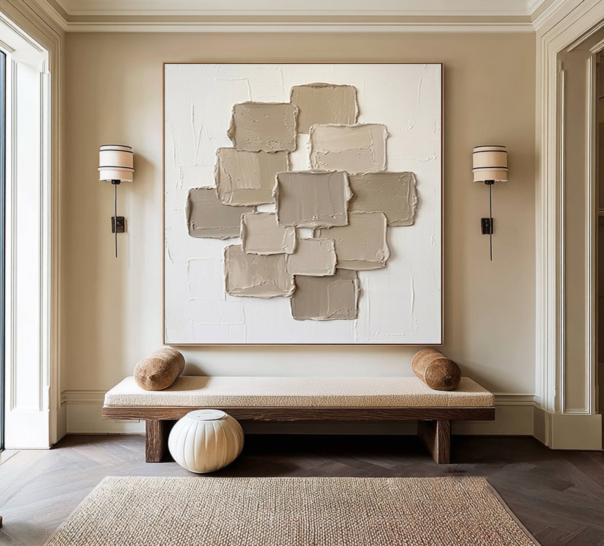 Large Contemporary Textured Wall Art Beige Geometric Canvas