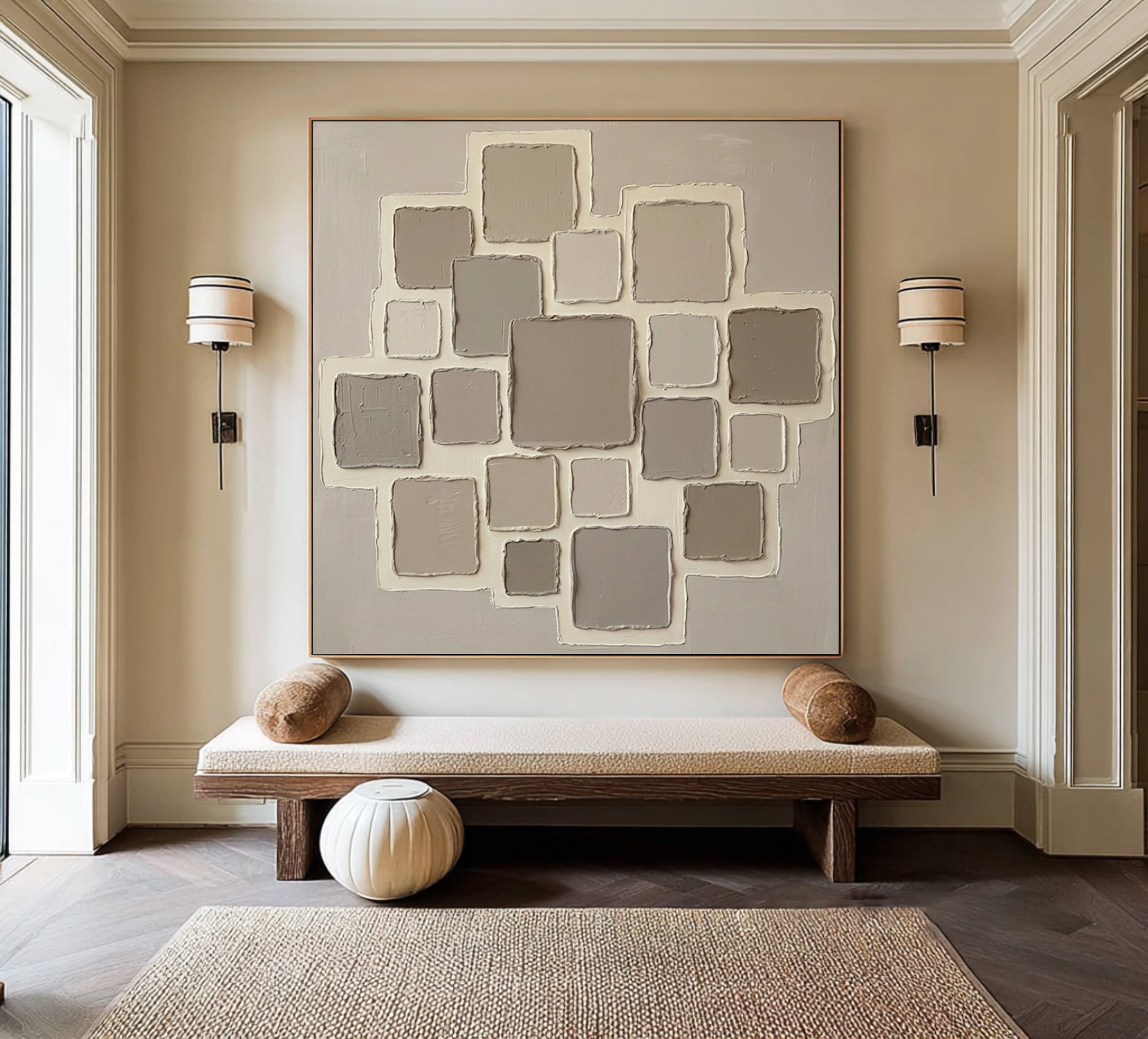 Large Minimalist Beige Oil Painting – Luxury Neutral Texture Canvas Art