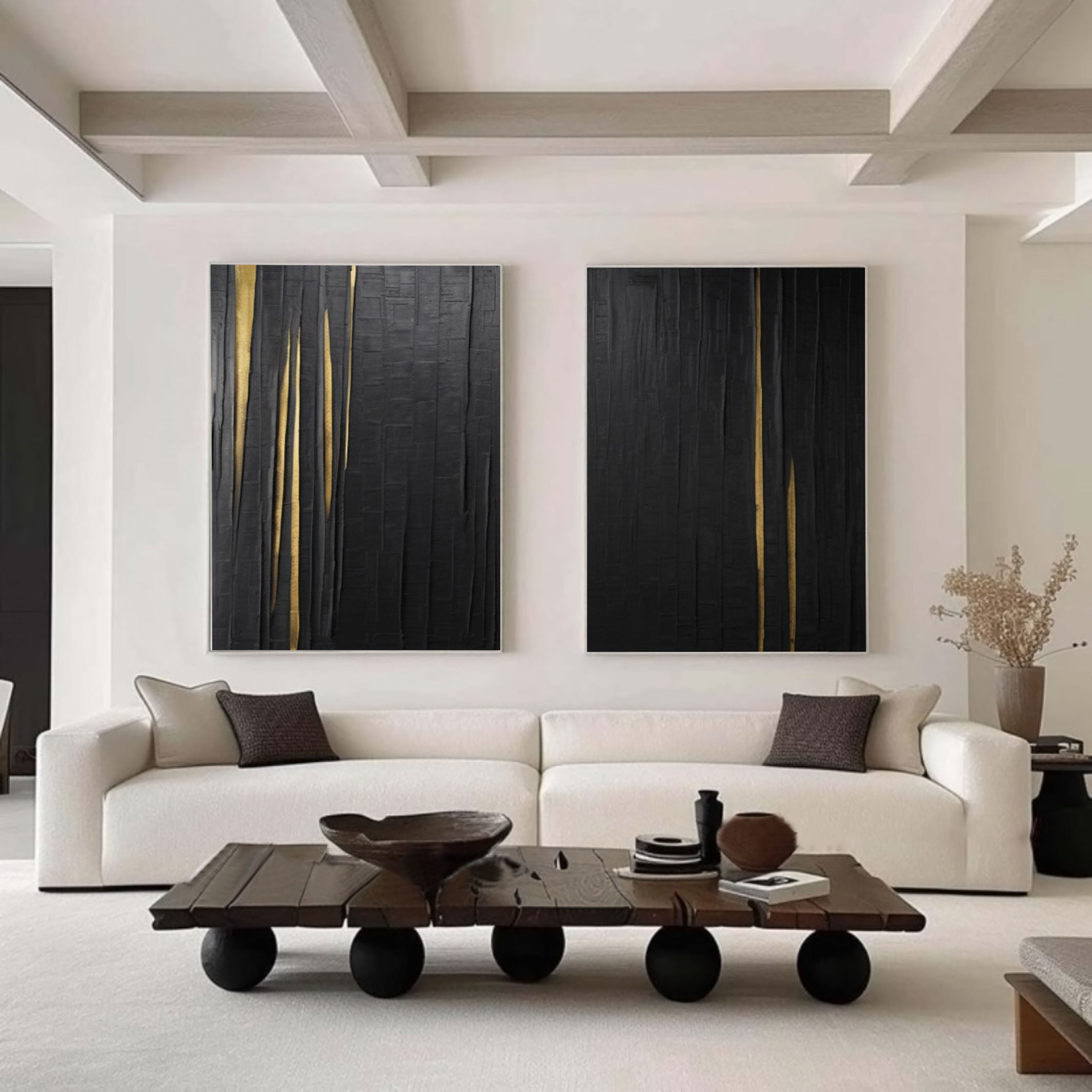Noir Lumina: Textured Black Diptych with Gold Illumination #MM571