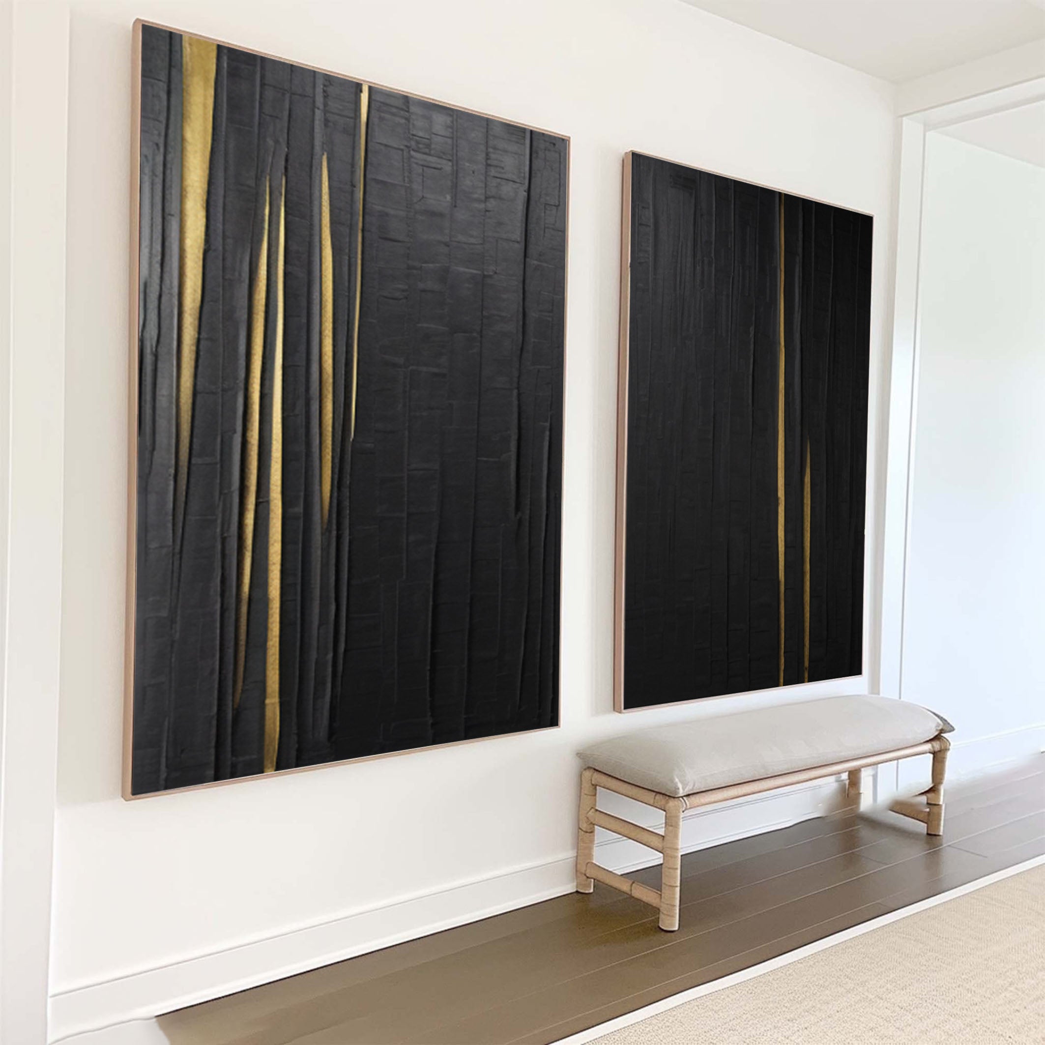 Noir Lumina: Textured Black Diptych with Gold Illumination #MM571