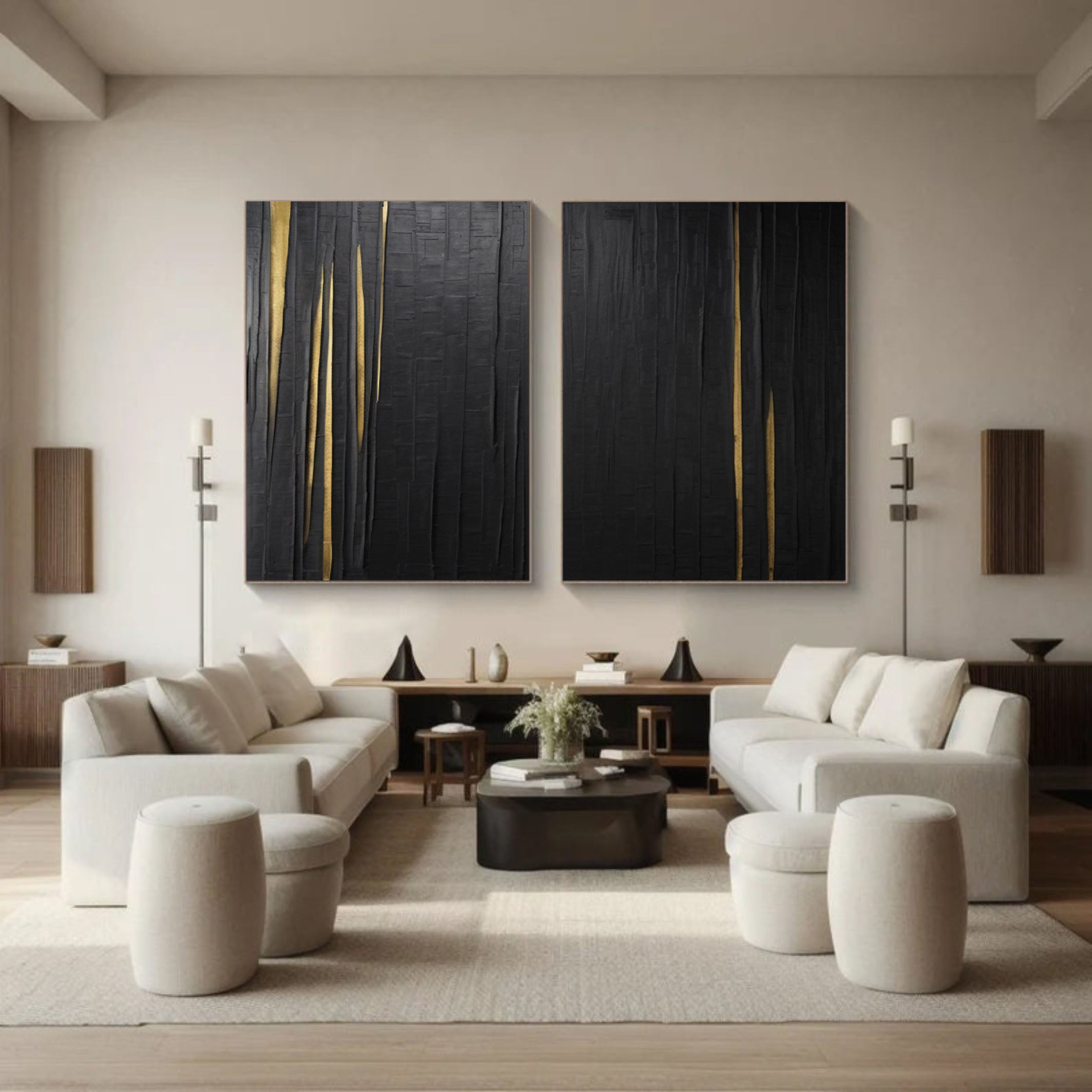 Noir Lumina: Textured Black Diptych with Gold Illumination #MM571