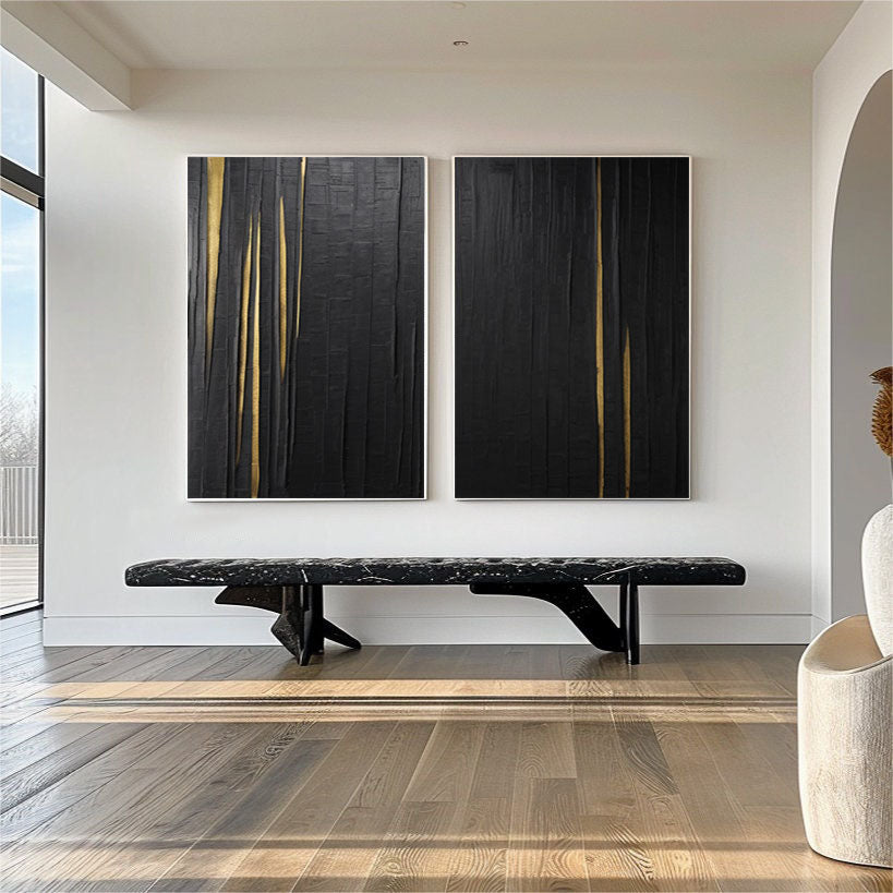 Noir Lumina: Textured Black Diptych with Gold Illumination #MM571