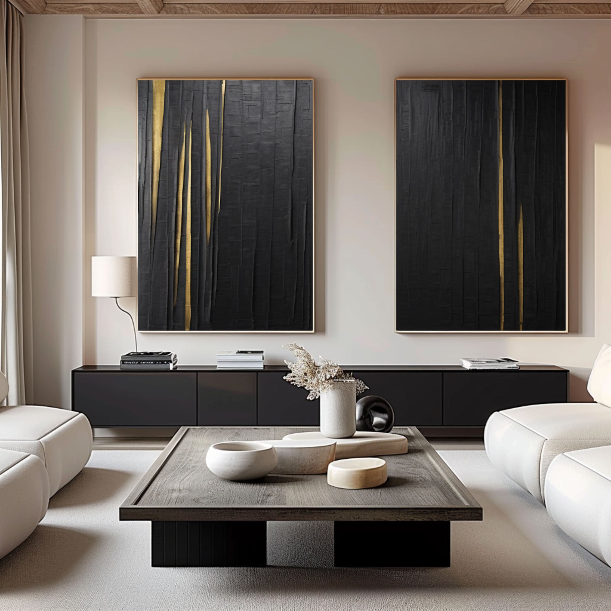 Noir Lumina: Textured Black Diptych with Gold Illumination #MM571
