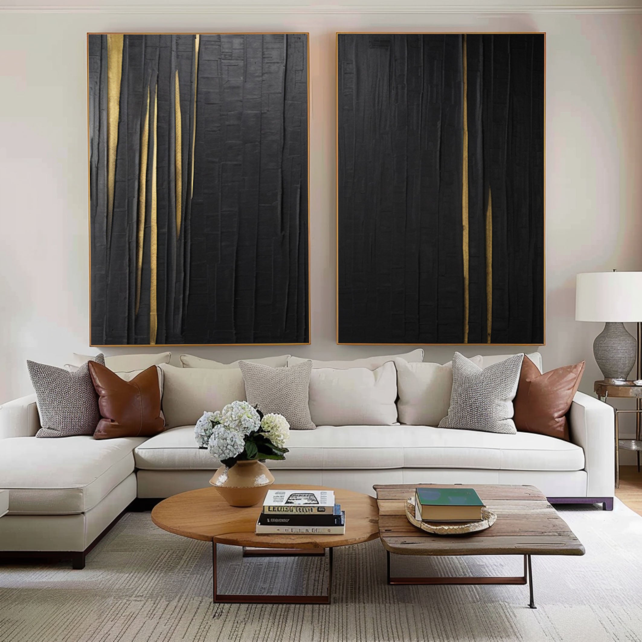 Noir Lumina: Textured Black Diptych with Gold Illumination #MM571
