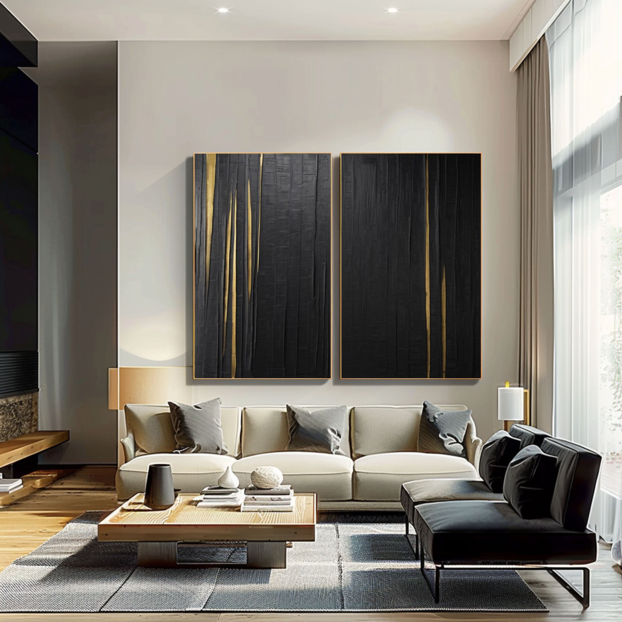 Noir Lumina: Textured Black Diptych with Gold Illumination #MM571