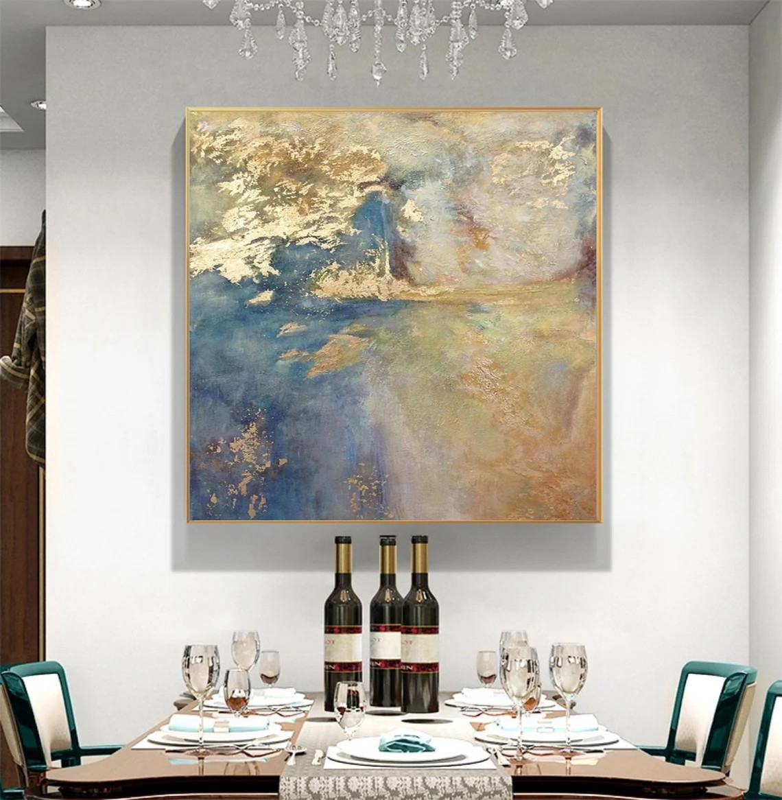 Dynamic and Serene Abstract Textured Painting with Gold & Blue #MM244