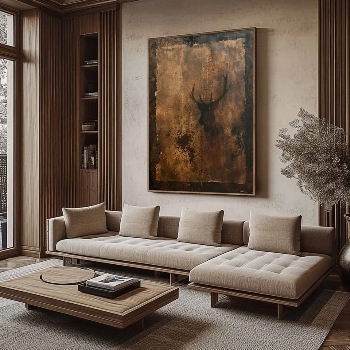 Brown Textured WABI SABI Art with Stag Modern Minimalist Wall Decor #MM216