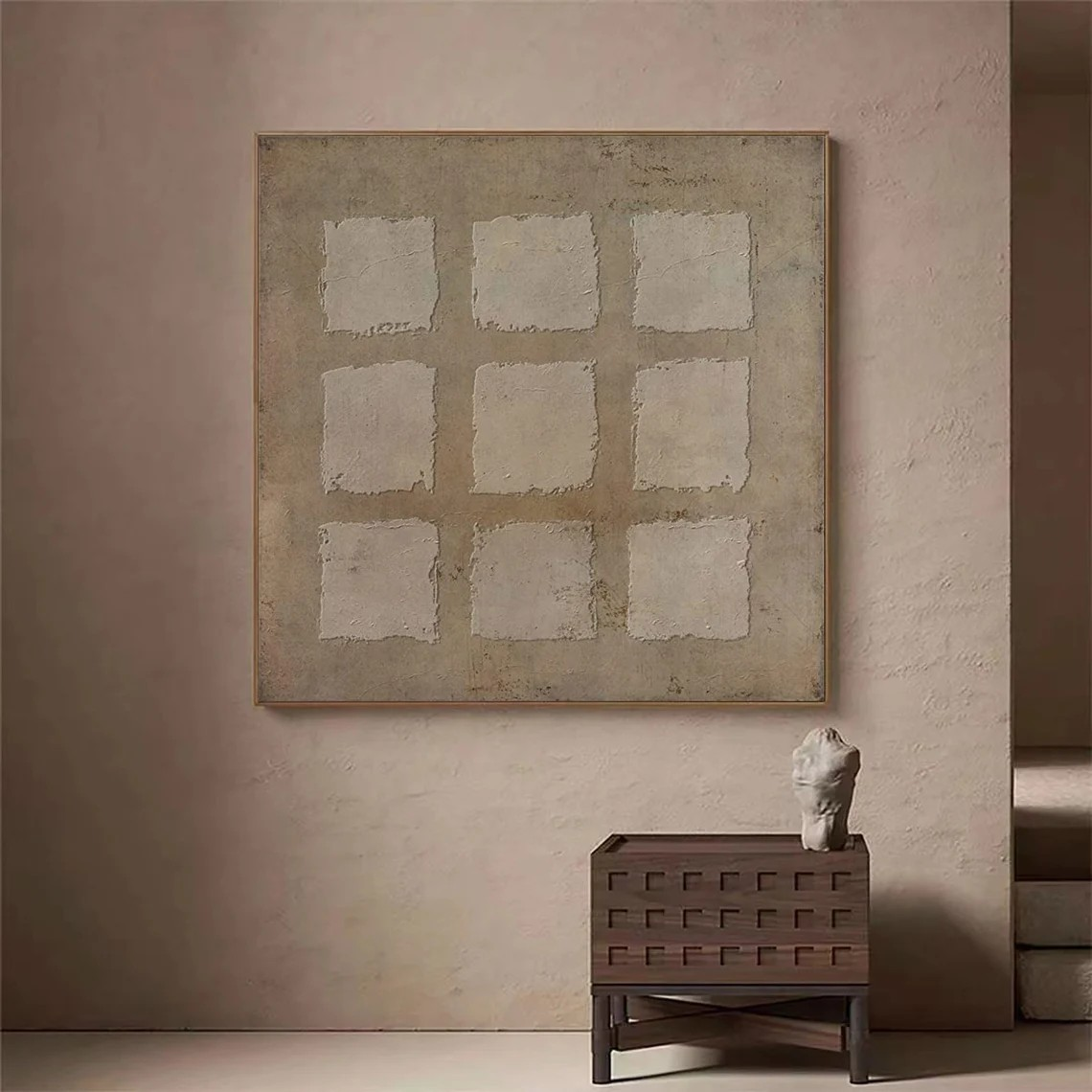 Minimalist Neutral Square Grid, Rough Texture Wabi-Sab Wall Art #MM430