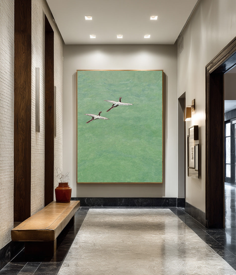 Minimalist Crane Bird Art | Light Green Serene Painting #AG 085