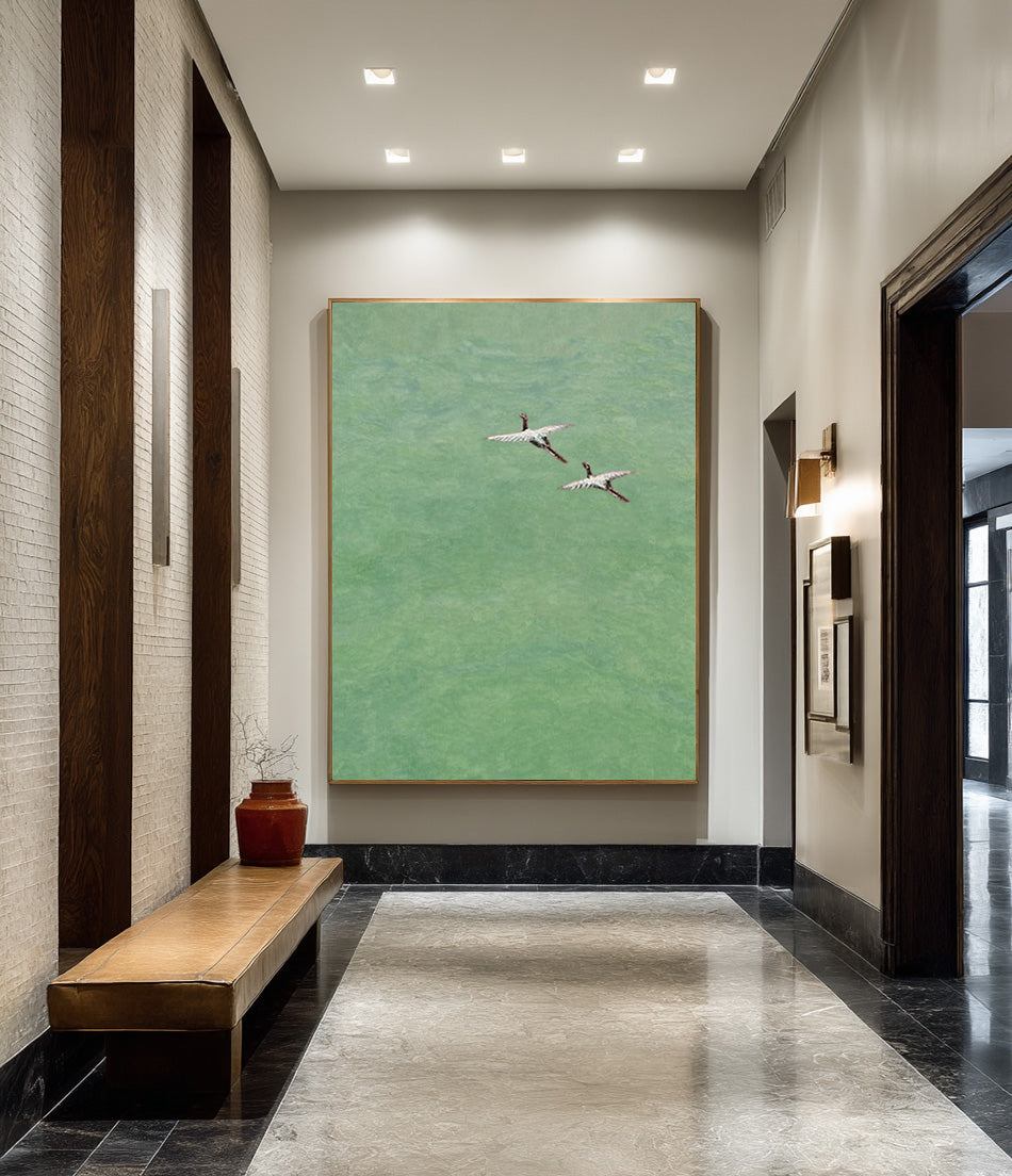 Serene Bird Painting on Green | Minimalist Nature Art #AG 086