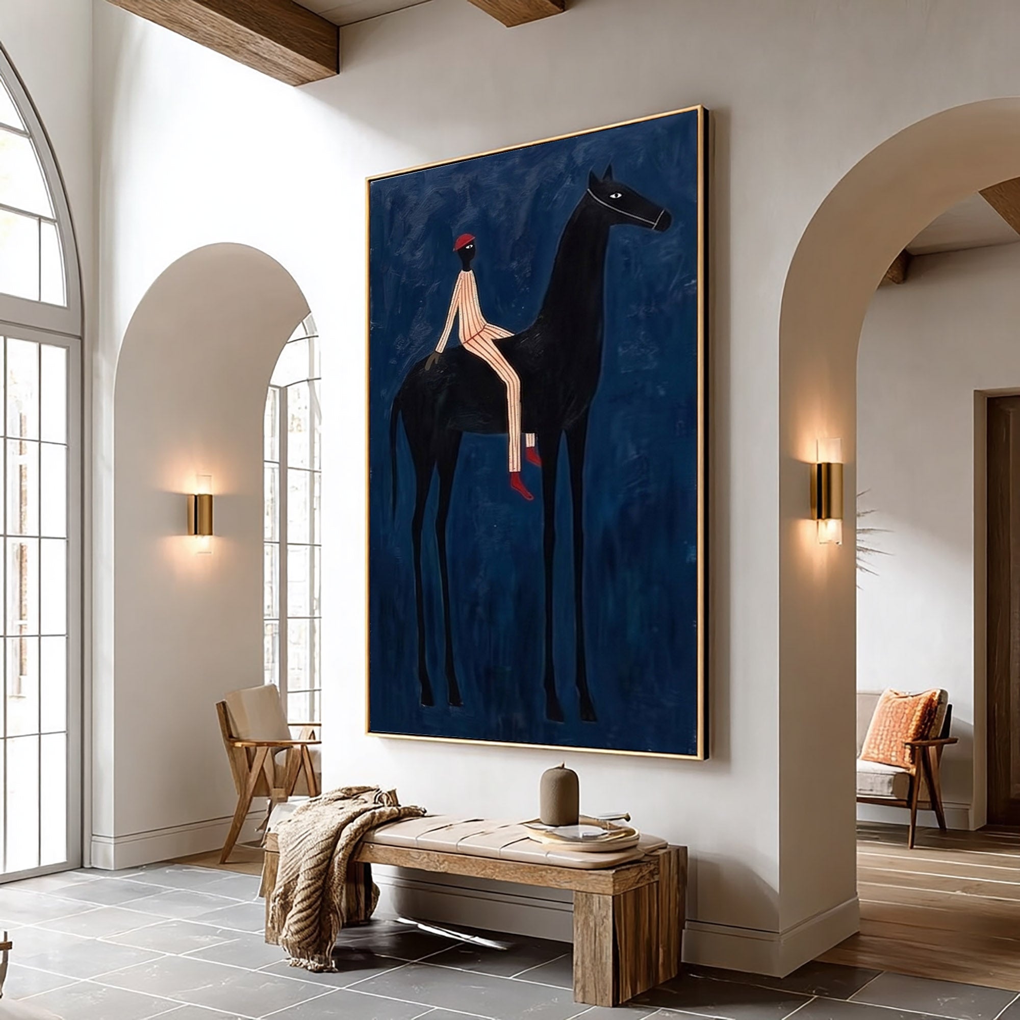 Large Cowboy Wall Art Blue Horse Painting Contemporary Western Decor