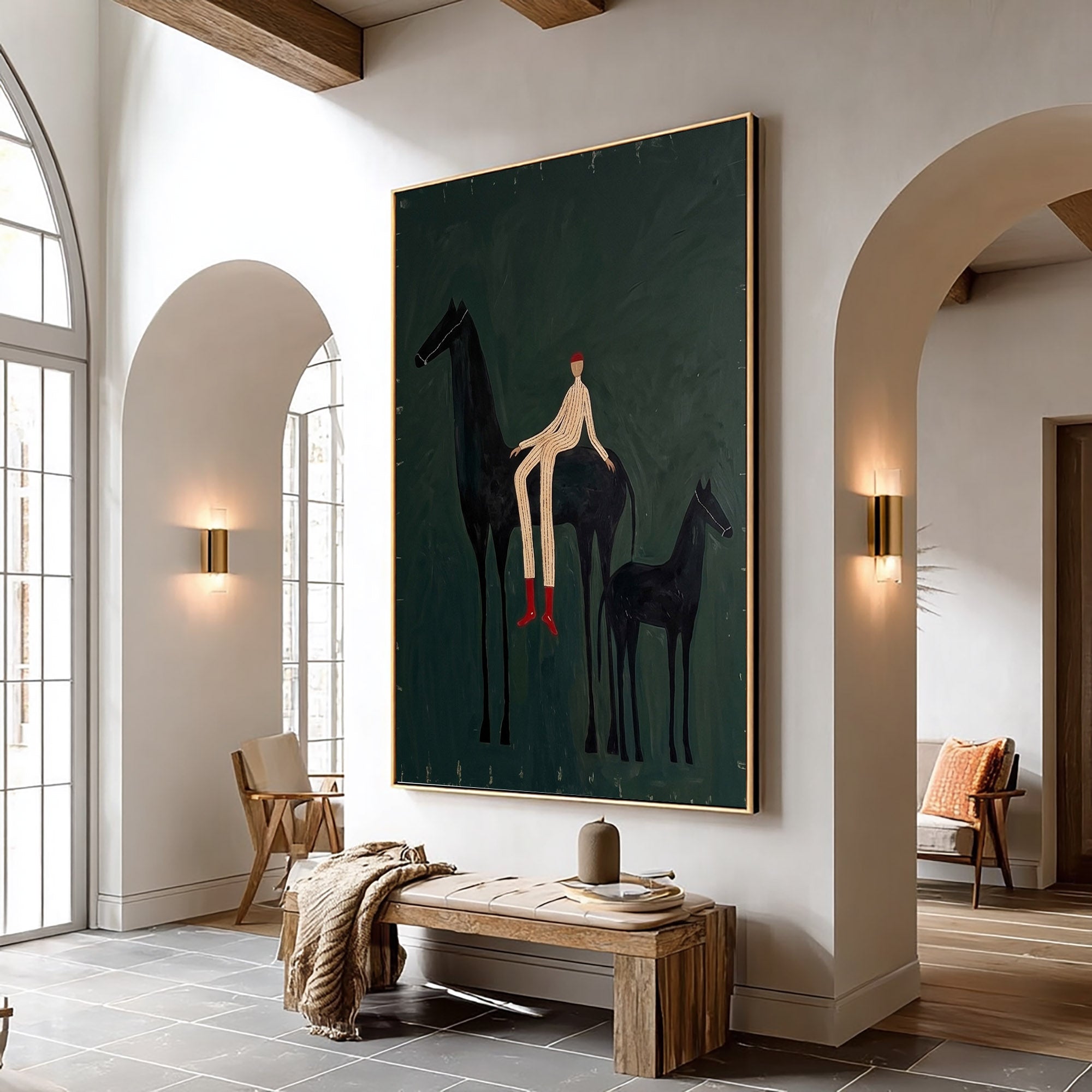 Large Cowboy Horse Wall Art Green Western Equestrian Painting