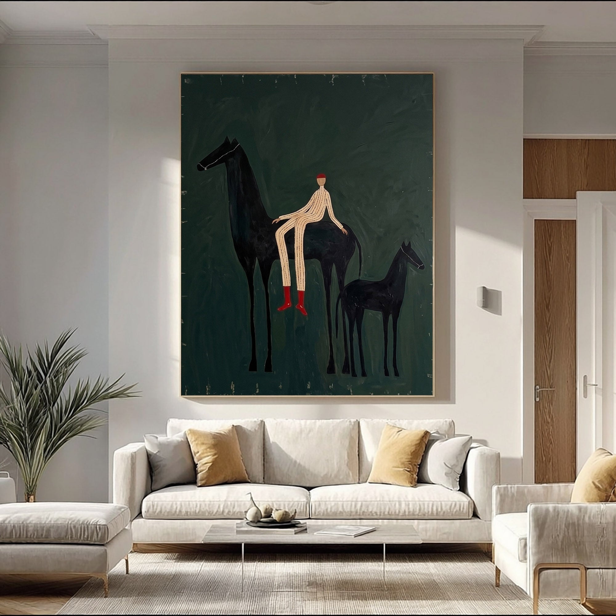 Large Cowboy Horse Wall Art Green Western Equestrian Painting