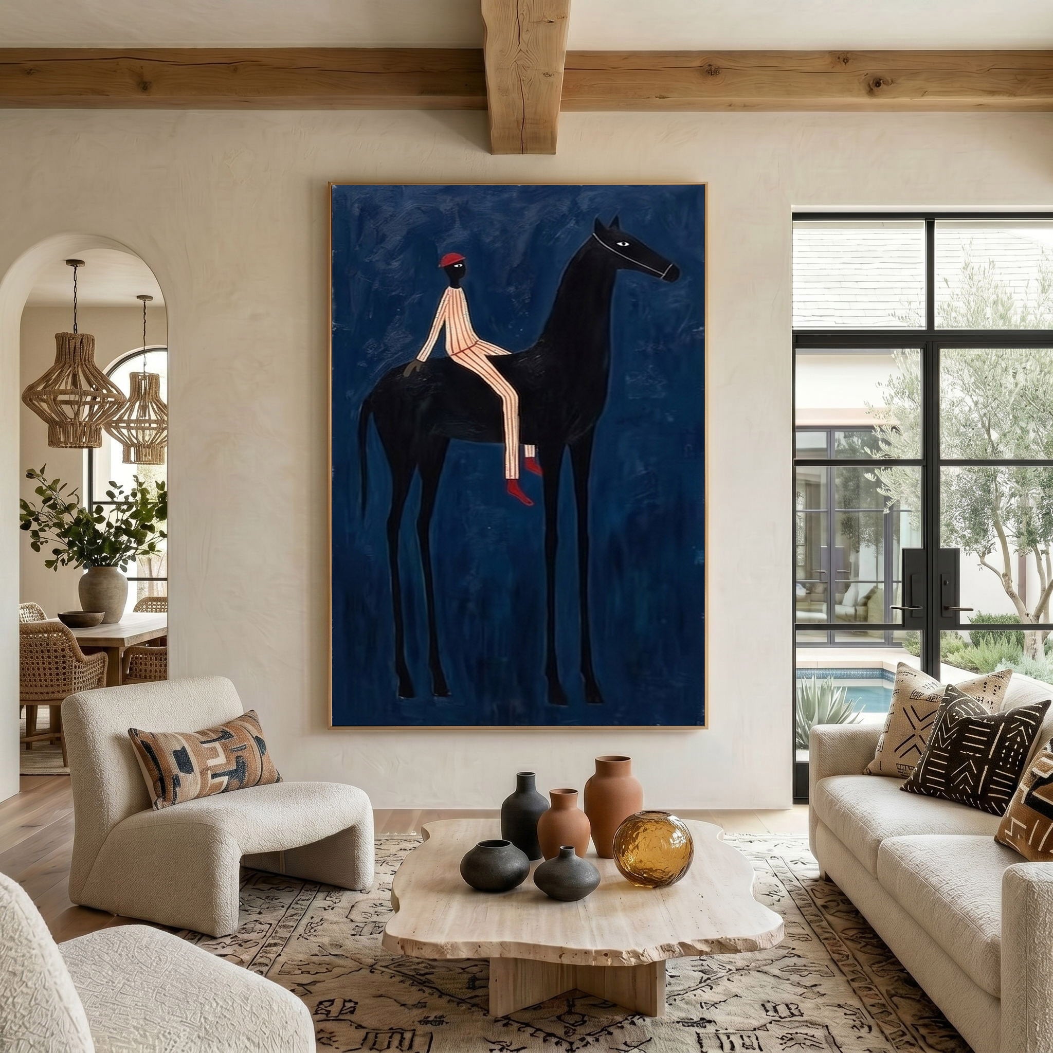 Large Cowboy Wall Art Blue Horse Painting Contemporary Western Decor