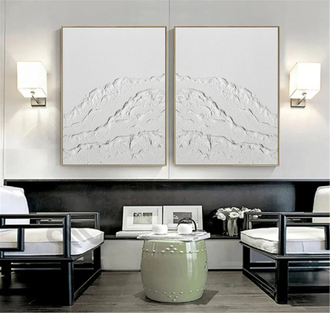 Textured White Mountainscape Oil Painting Set, Minimalist Modern Art, 3D Effect Decor#MM382