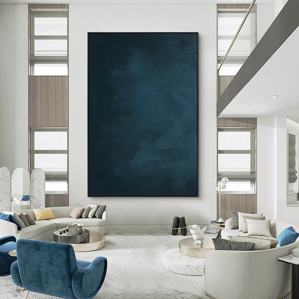 Tranquil Deep Blue Canvas Art Modern Abstract Wall Decor #AB075