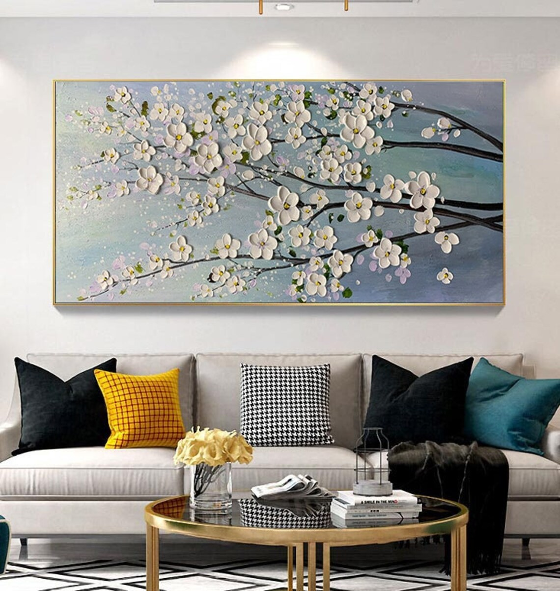 Textured White Blossom Tree Painting, Floral Modern Art, 3D Effect Canvas#MM391