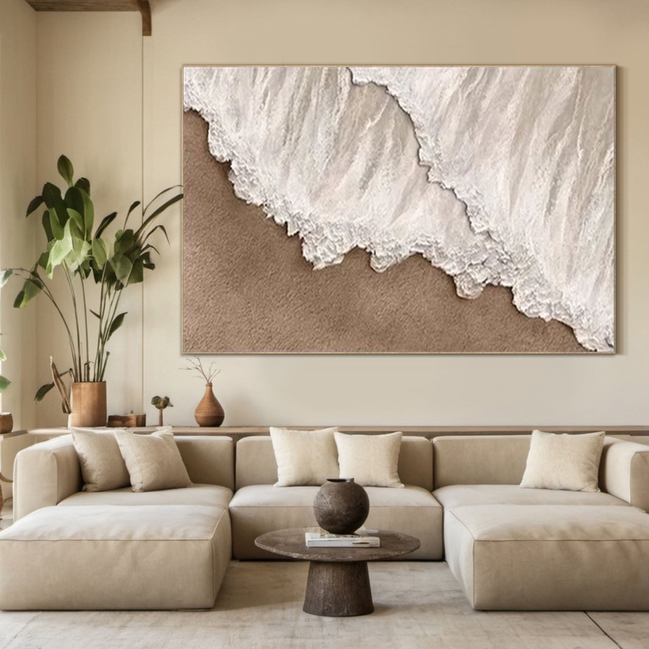 Dynamic Coastal Art with White and Sandy Tones #OP060