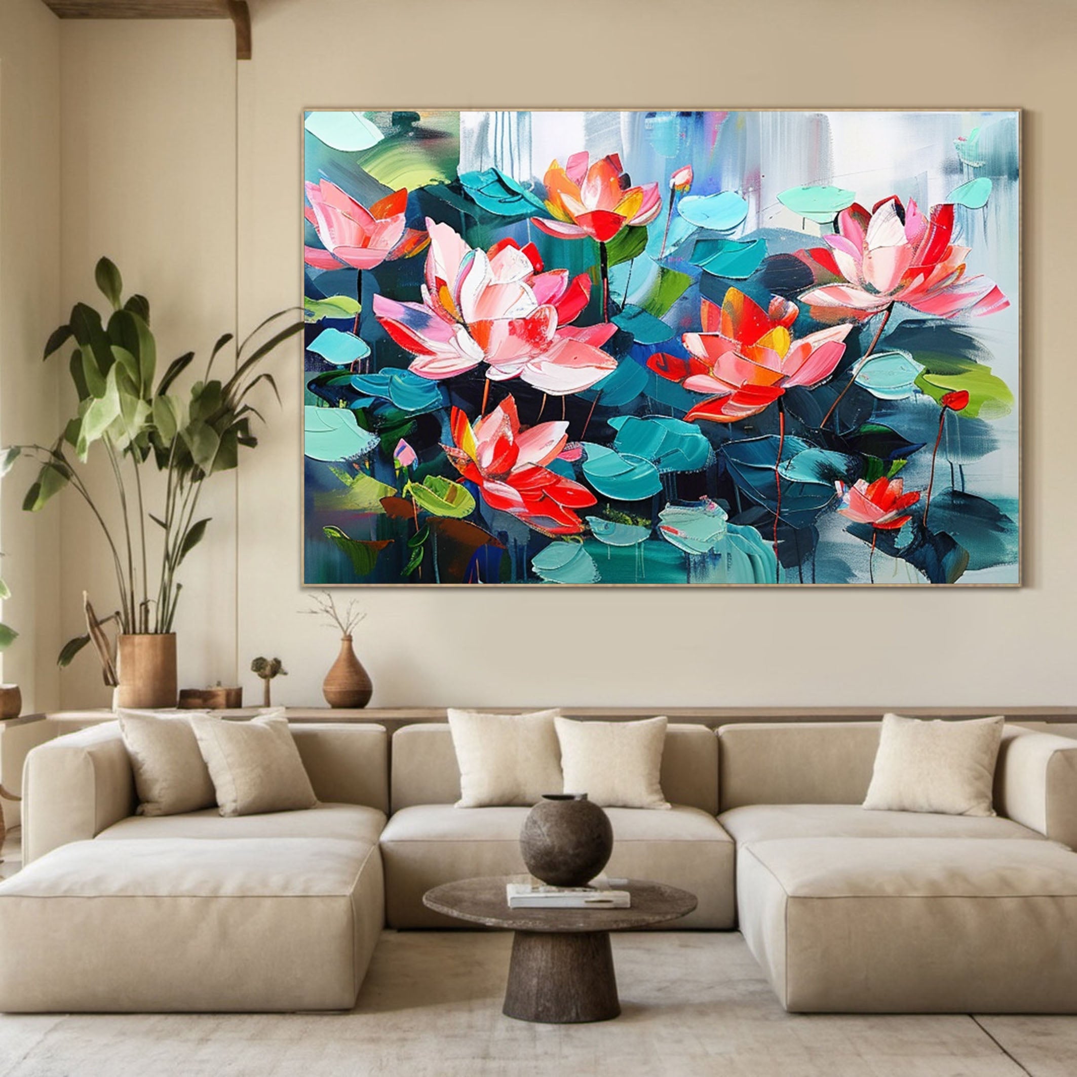 Large Lotus Flower Wall Art Vibrant Canvas Painting  #FB011