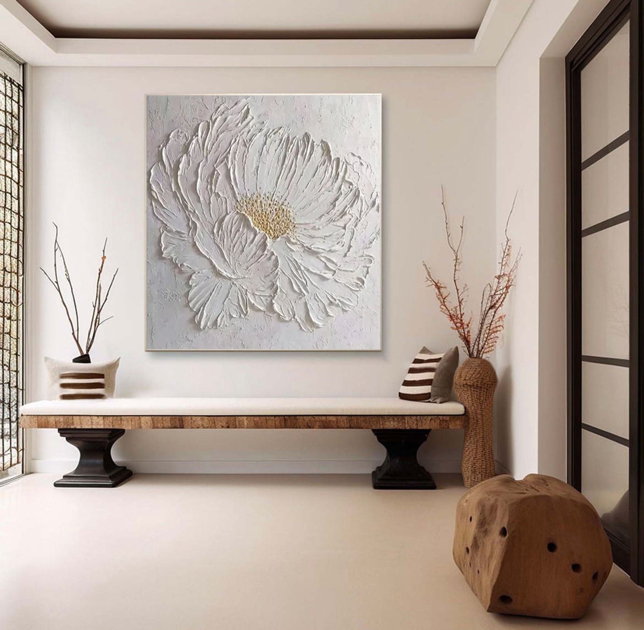 Elegant White Flower Canvas Art for Modern Living Room Decor #FB024