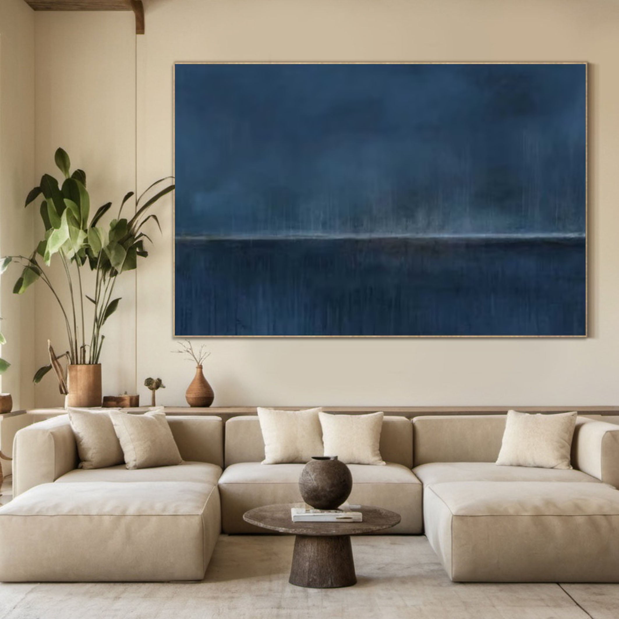 Large Blue Horizon Abstract Canvas Wall Art for Living Spaces #AB060