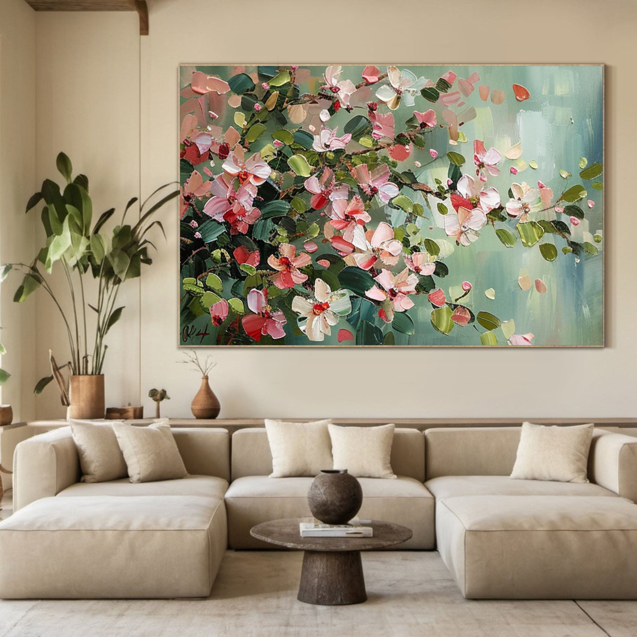 Modern Floral Canvas Pink Artwork for Living Room #FB012