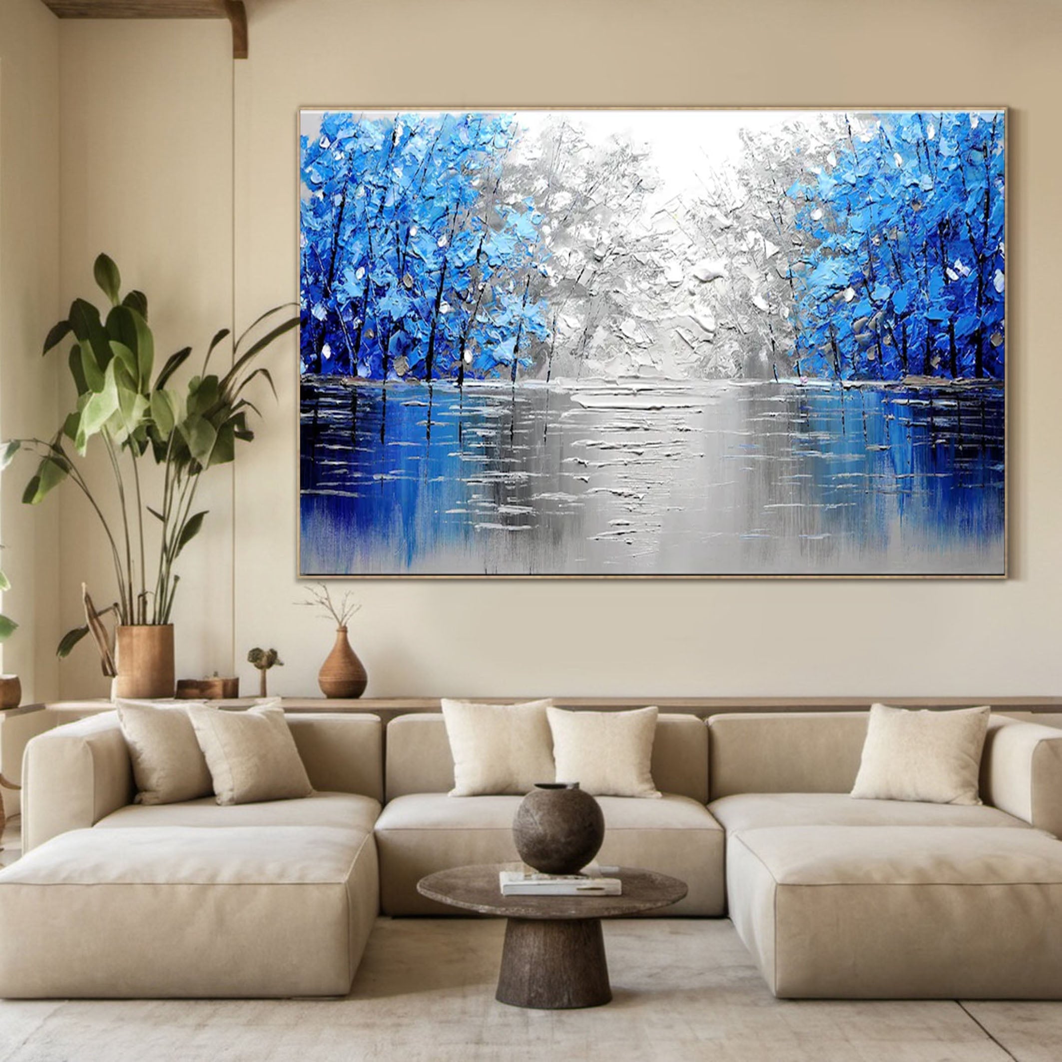 Mystical Blue and Silver Forest Painting for Modern Homes #TP045