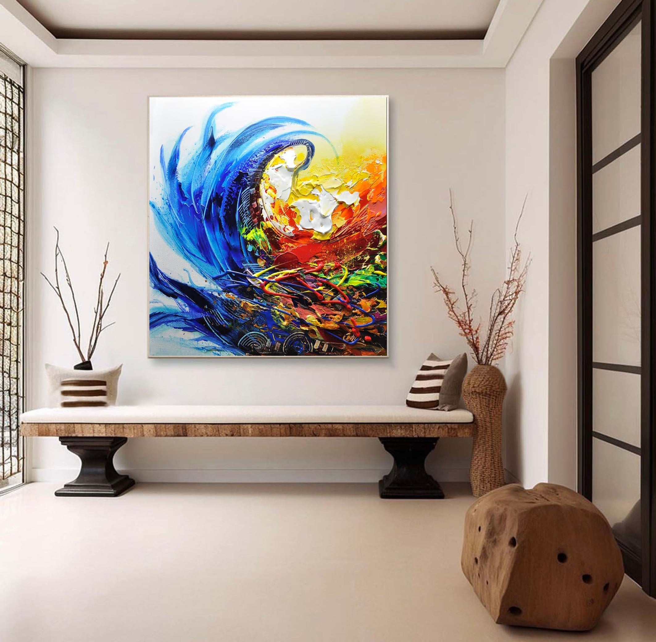 Dynamic Abstract Wave Painting in Bold Colors #AB036