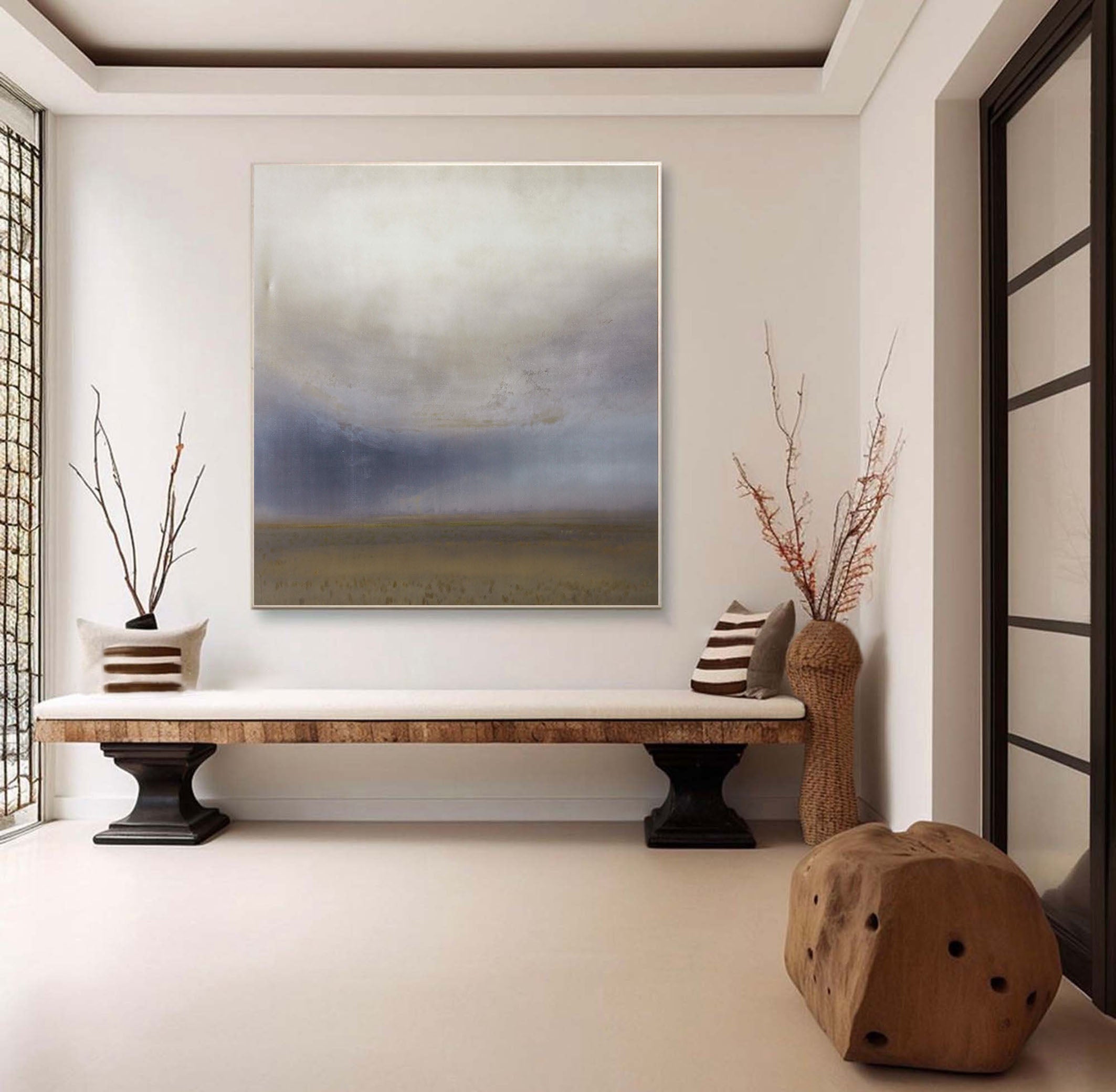 Misty Landscape with Muted Blue Hues, Contemporary Wall Art #MM397