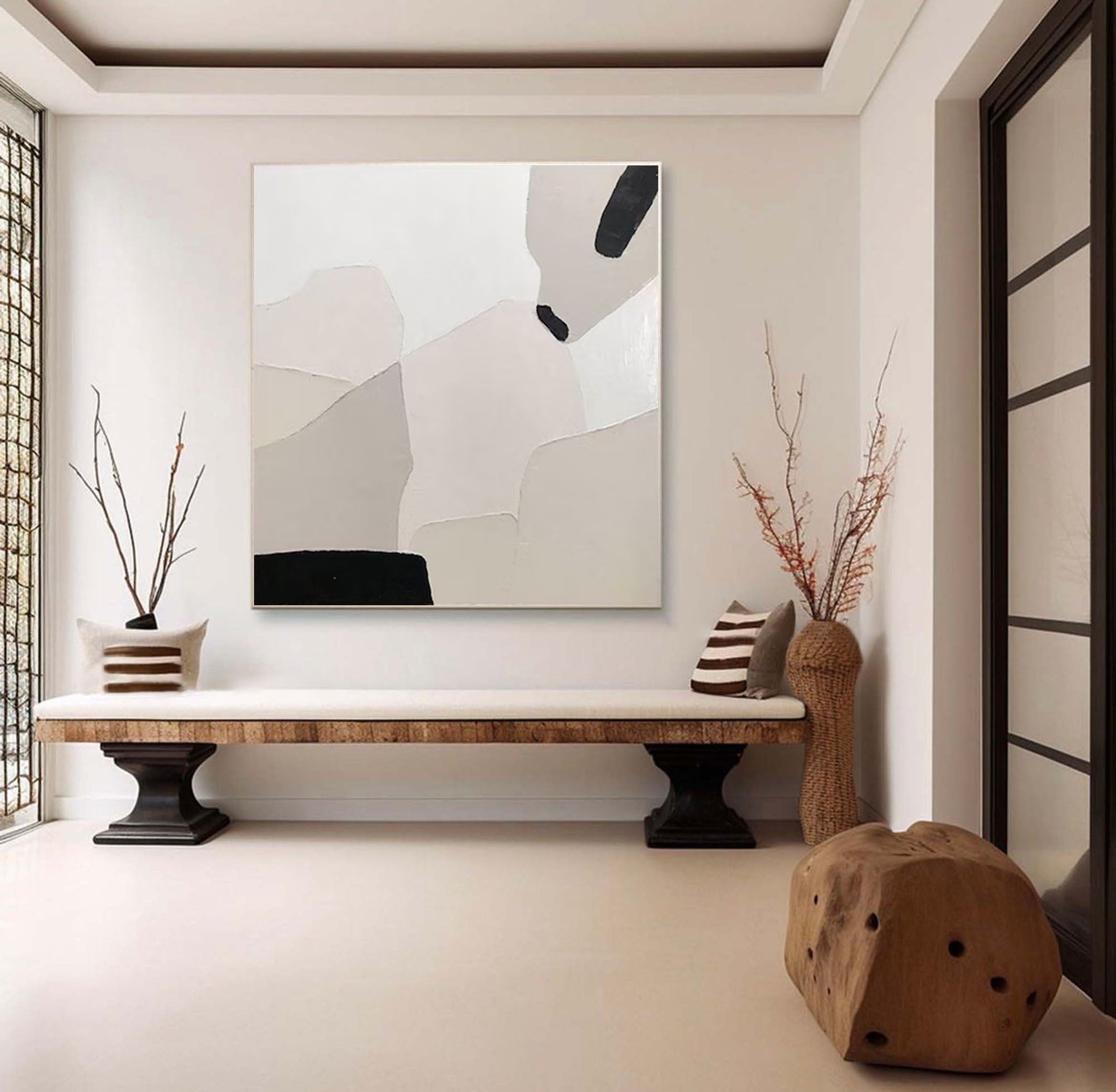 Minimalist Abstract Canvas with Neutral Beige and Black Tones #AB069