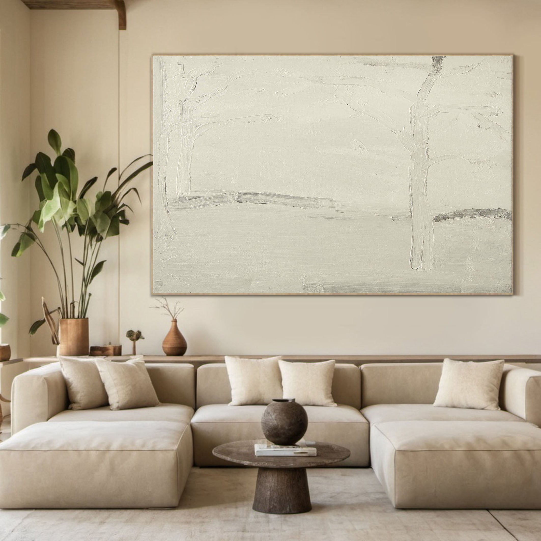 Neutral Minimalist with Gray Lines, Horizontal Textured Canvas #MM369