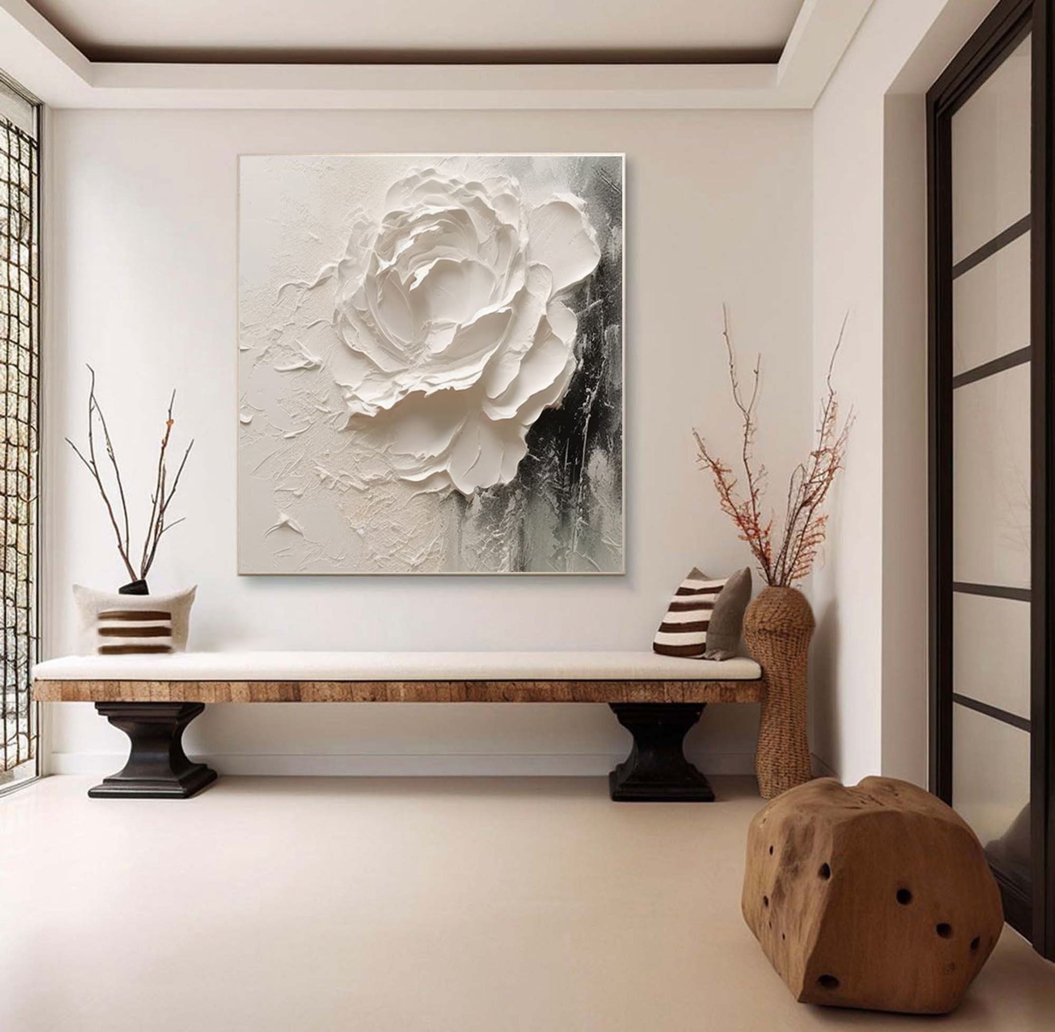 Elegant White Rose Textured Canvas for Sophisticated Decor #FB032