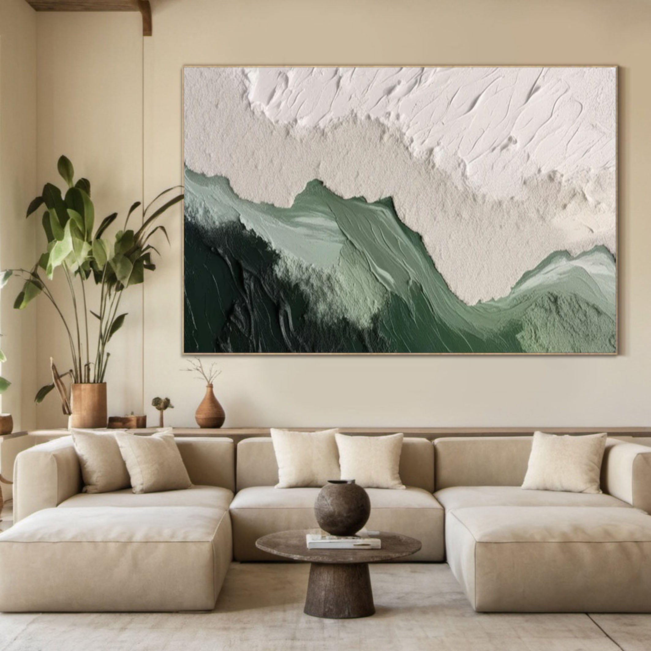 Nature-Inspired Green & White Textured Abstract Wall Art #MM171