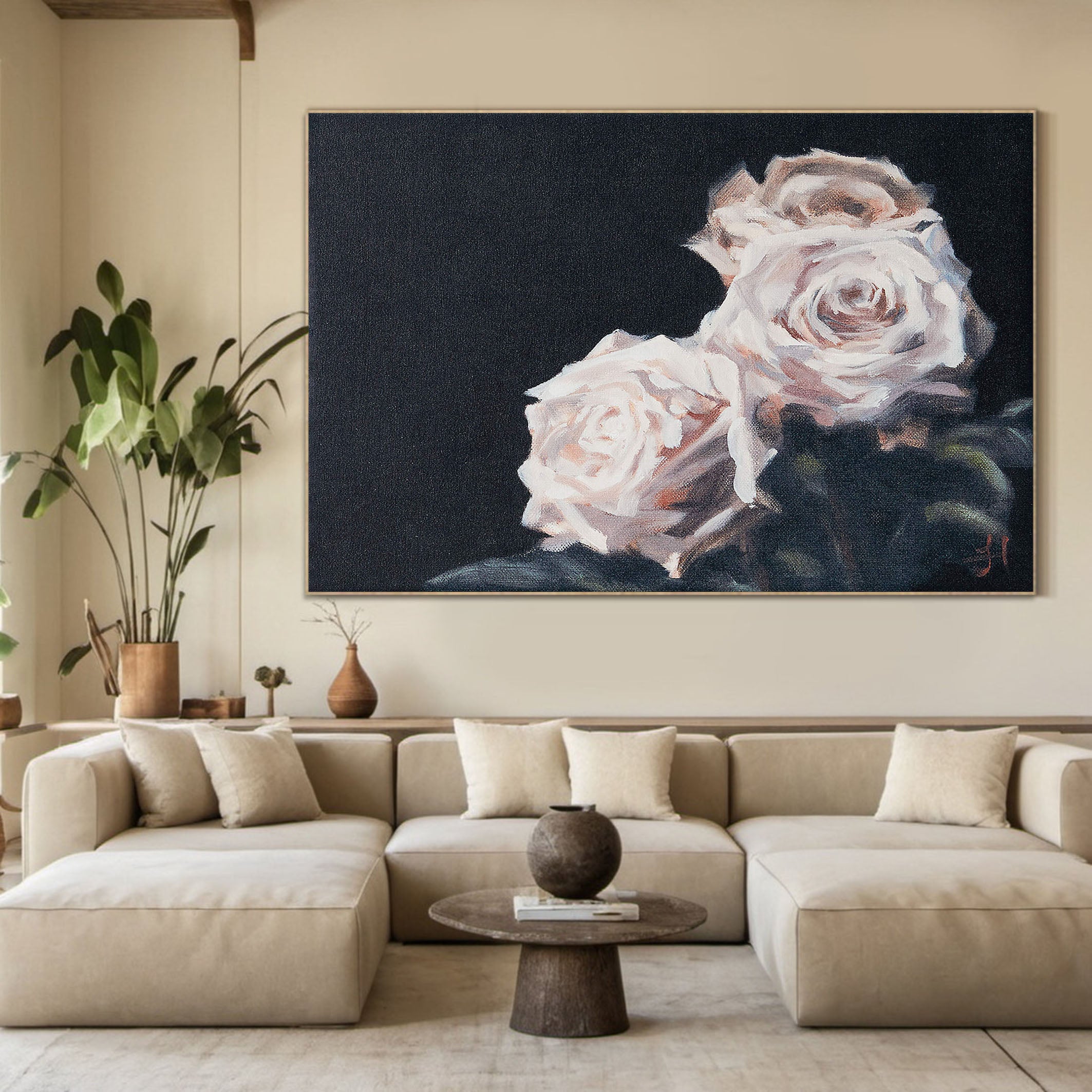 Soft Roses Against Deep Black, Contemporary Floral Expression #MM374