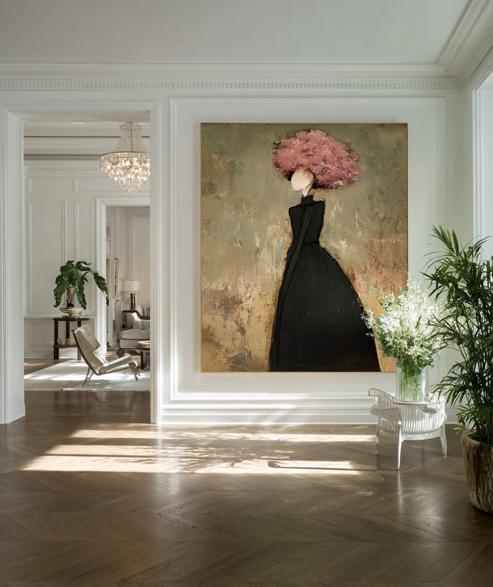 Large Woman Silhouette Wall Art Floral Oil Painting Modern Abstract Black Dress Contemporary Interior Decor