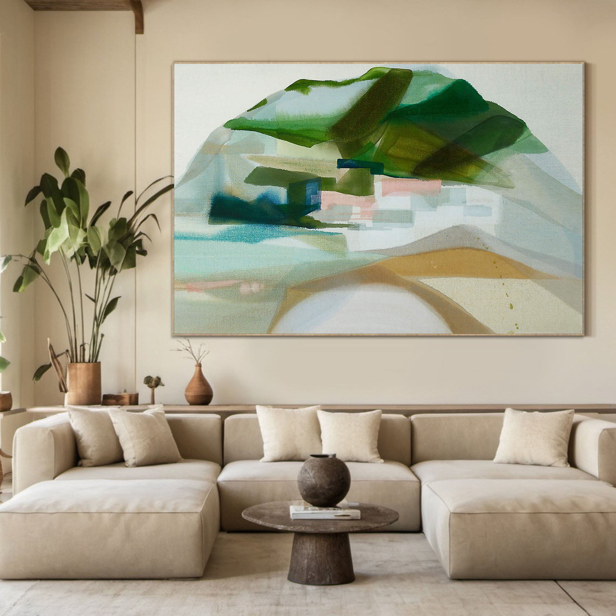 Large Muted Green and Beige Landscape Abstract Wall Art #MM370