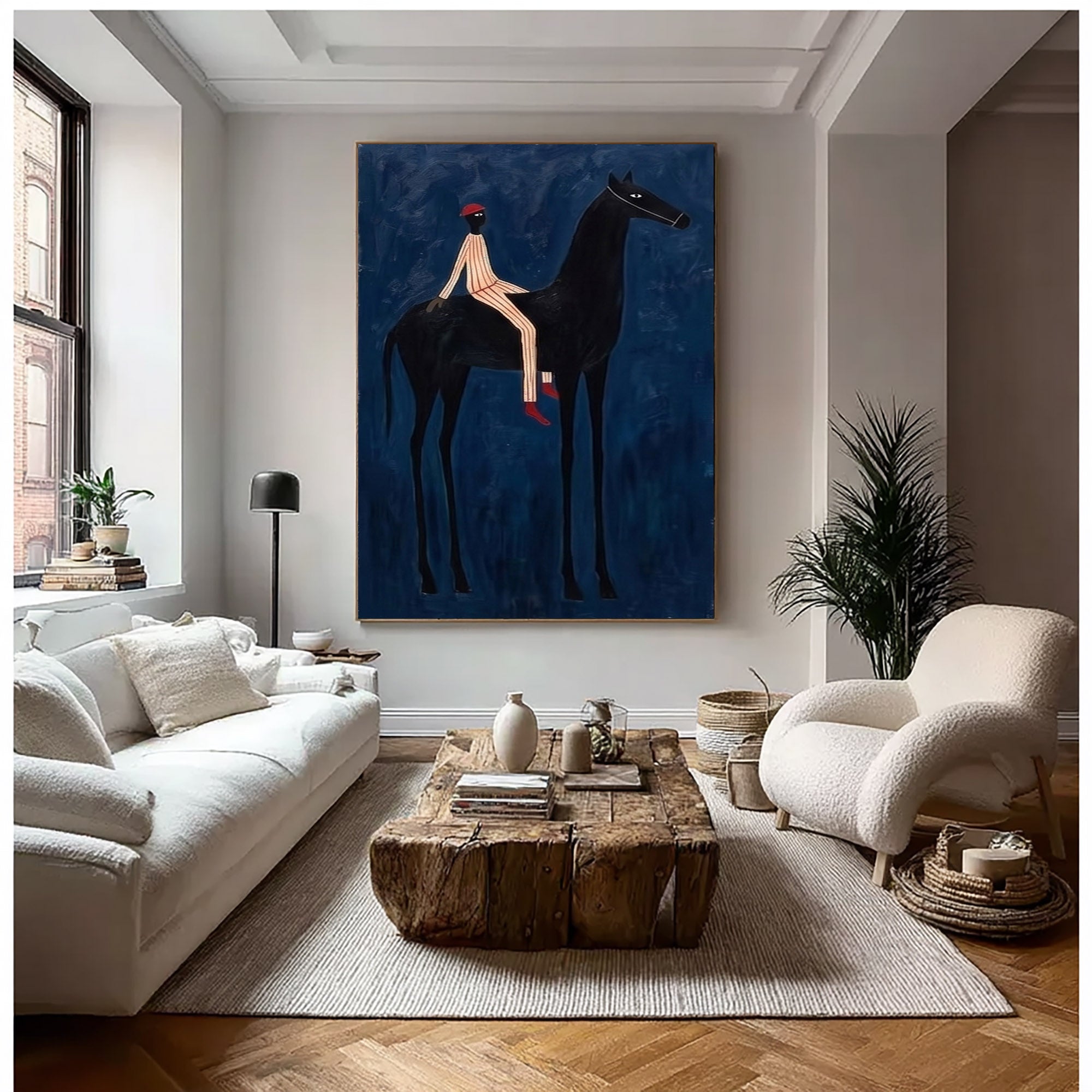 Large Cowboy Wall Art Blue Horse Painting Contemporary Western Decor