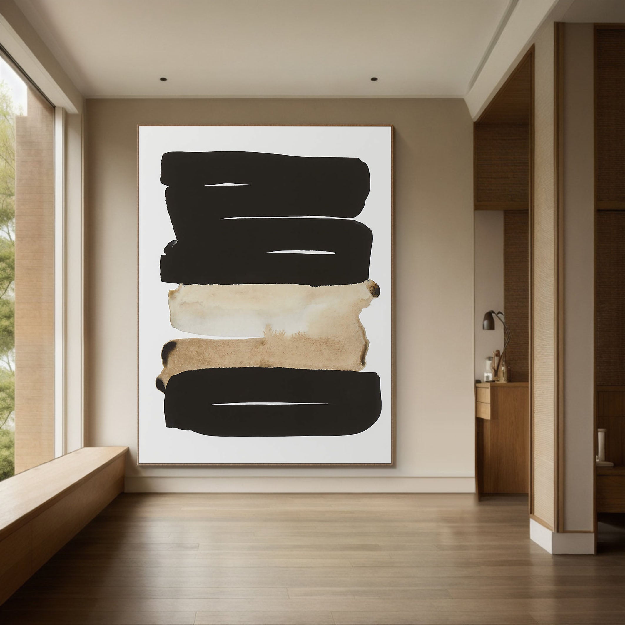 Graphic Abstract Painting, Black and Beige, Contemporary Design #MM354