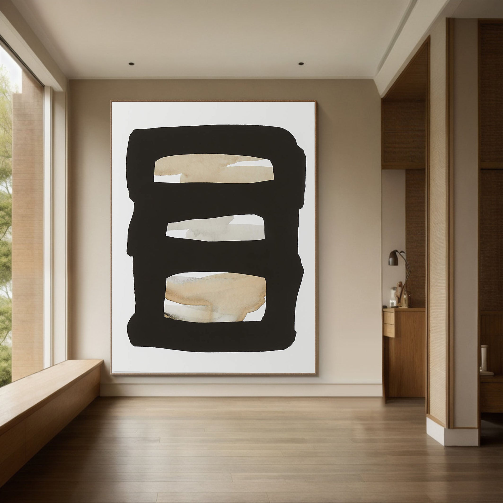 Framed Neutral Bands Abstract, Black and Beige, Minimalist Art #MM358